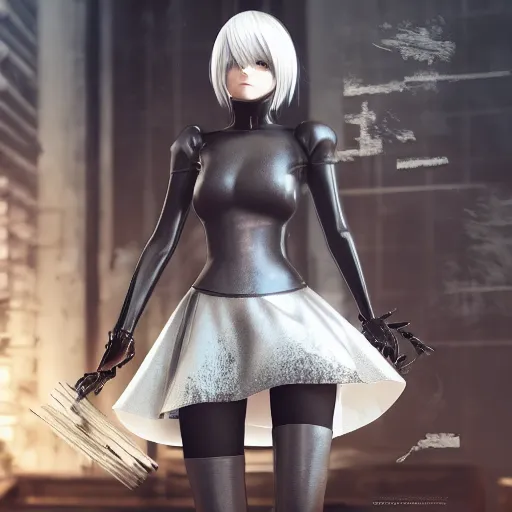 Image similar to 2B nier automata , 4k, realistic, unreal engine render, trending in artstation, artstationHD, artstationHQ