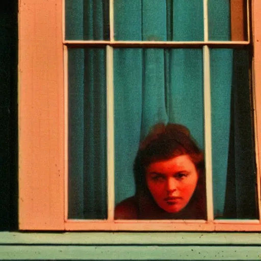 Prompt: Zoomed cropped closeup of unexpected voyeuristic eye contact with female neighbor in window, Technicolor, telephoto lens, vintage photograph,