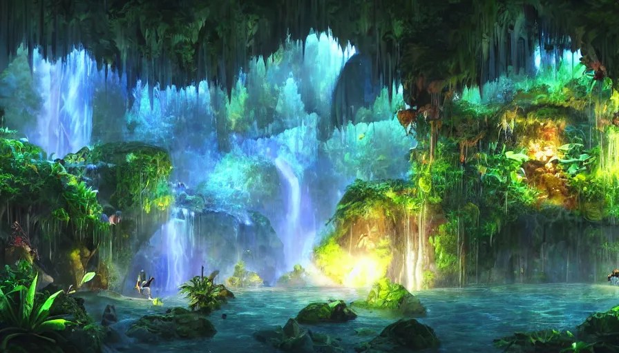 Prompt: concept art of underground jungle cave with waterfalls, luminescent plants, colorful, high detailed