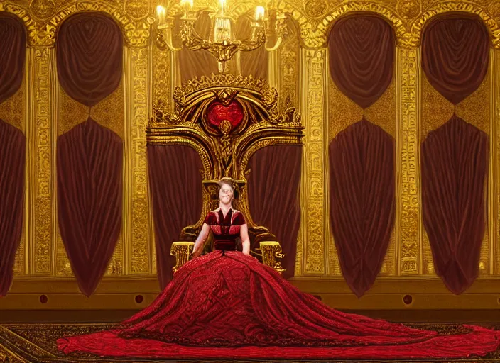 Image similar to a victorian age throne room with emily blunt as queen on the throne, jewelry, greek, ruby, victorian age, 1 8 9 0, intricate, headshot, key visual, conceptart, ambient lighting, highly detailed, digital painting, artstation, concept art, sharp focus, by makoto shinkai and akihiko yoshida and greg manchess