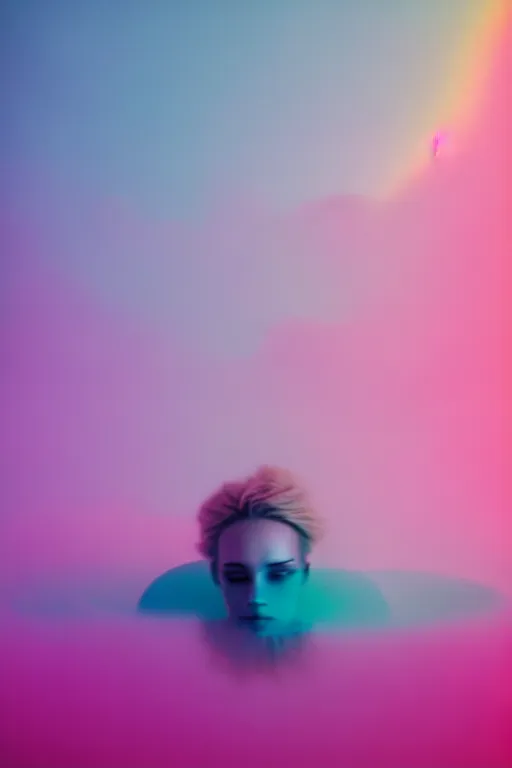 Image similar to high quality pastel coloured film close up wide angle photograph of a model wearing clothing swimming on cloud furniture in a icelandic black rock!! environment in a partially haze filled dreamstate world. three point light, rainbow. photographic production. art directed. pastel colours. volumetric clouds. pastel gradient overlay. waves glitch artefacts. extreme facial clarity. 8 k. filmic.