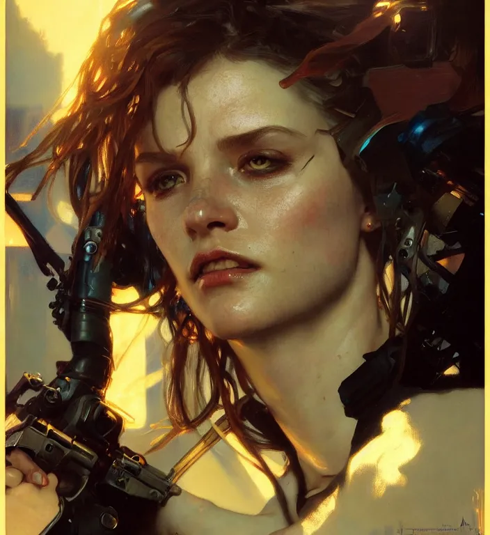 Image similar to hyperrealist portrait of lady terminator. by jeremy mann and alphonse mucha, seductive fantasy art, photo - realistic, dynamic lighting, artstation, poster, volumetric lighting, very detailed faces, 8 k, award - winning, golden hour