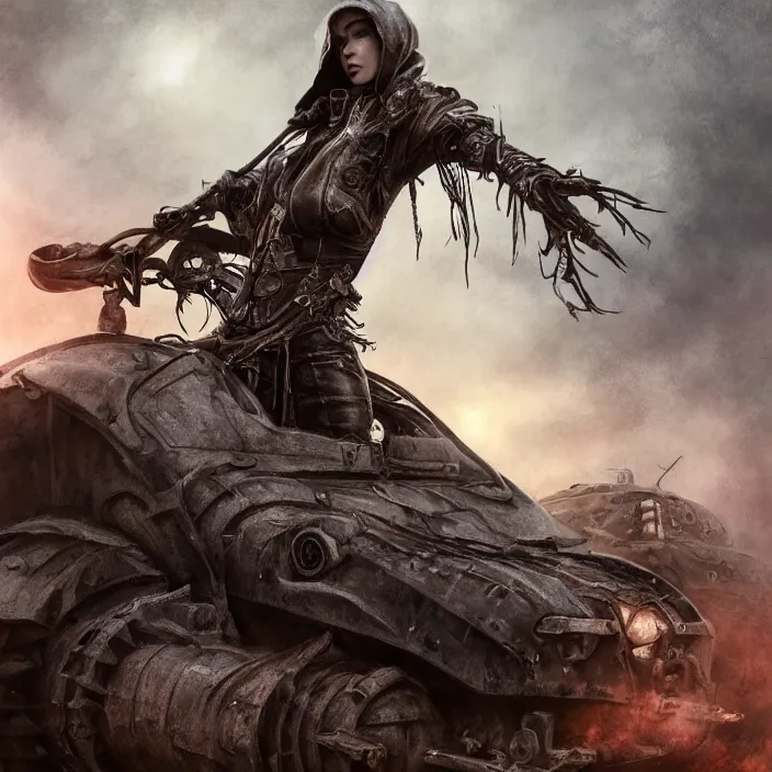 Image similar to beautiful apocalyptic woman in hooded cloak, standing on mad max panzer tank, hyper-detailed, smooth, sharp focus, 4k ultra hd, fantasy dark art, tank girl, artgerm, artstation, octane render, elegant, detailed digital painting, apocalyptic art, Francis bacon, unreal engine