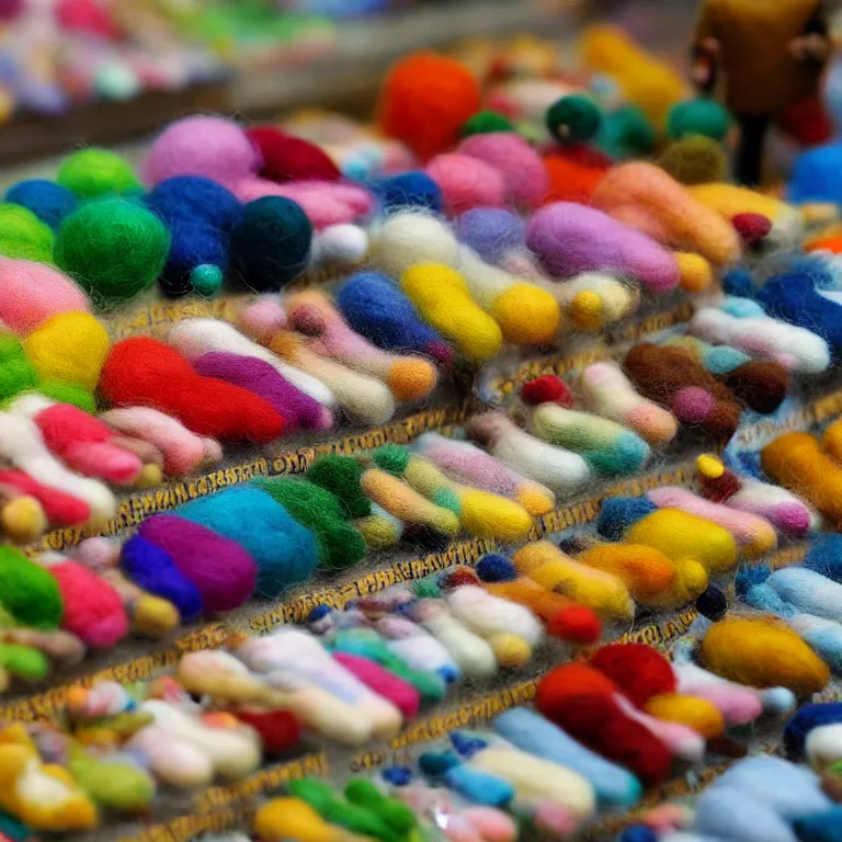 Image similar to needle felted person paying for the supermarket, highly detailed, tilt shift, cute, hyperrealism, highly textured, god rays