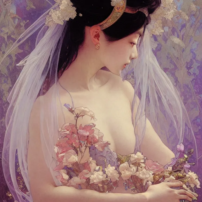 Image similar to A portrait of The bride in a Chinese wedding by Ross Tran!!! and alphonse mucha and greg rutkowski! and Gustave Doré!! and Zdzisław Beksiński!,In style of Impressionism.Symmetry.Highly detailed face.Fantasy,smooth,hyper detailed,sharp focus,Soft light.trending on artstation.oil on canvas