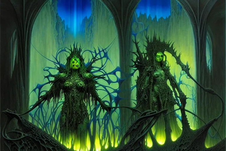 Image similar to shades of forgotten misery and despair by michael whelan and roger dean and brom and hubert robert and greg staples and donato giancola, beautiful, mythical, flesh robe, highly detailed, hyperrealistic, intricate, energy, electric, blue flame, low light, green crystal, high contrast, old and young, lifelike