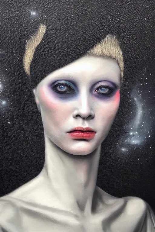 Image similar to hyperrealism oil painting, close - up portrait of albino medieval fashion model, black silk, steel gradient mixed with nebula sky, in style of baroque