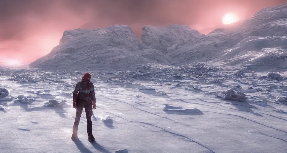 Prompt: outside in a vast, icy landscape, snow, severe weather, sunset artgerm, yoshitaka amano, 8 k, octane render, unreal engine