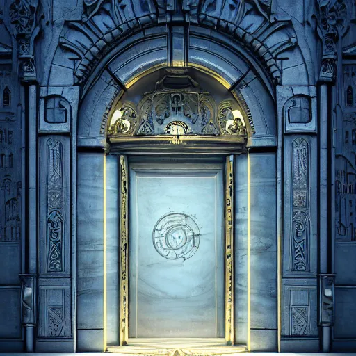 Image similar to carved futuristic door at the end of ornate steps shows a large window to a city detailing the vast architectural scientific ancient and cultural acheivements of humankind, magical atmosphere, renato muccillo, andreas rocha, johanna rupprecht, beardsley, octane render, cinematic blue and gold