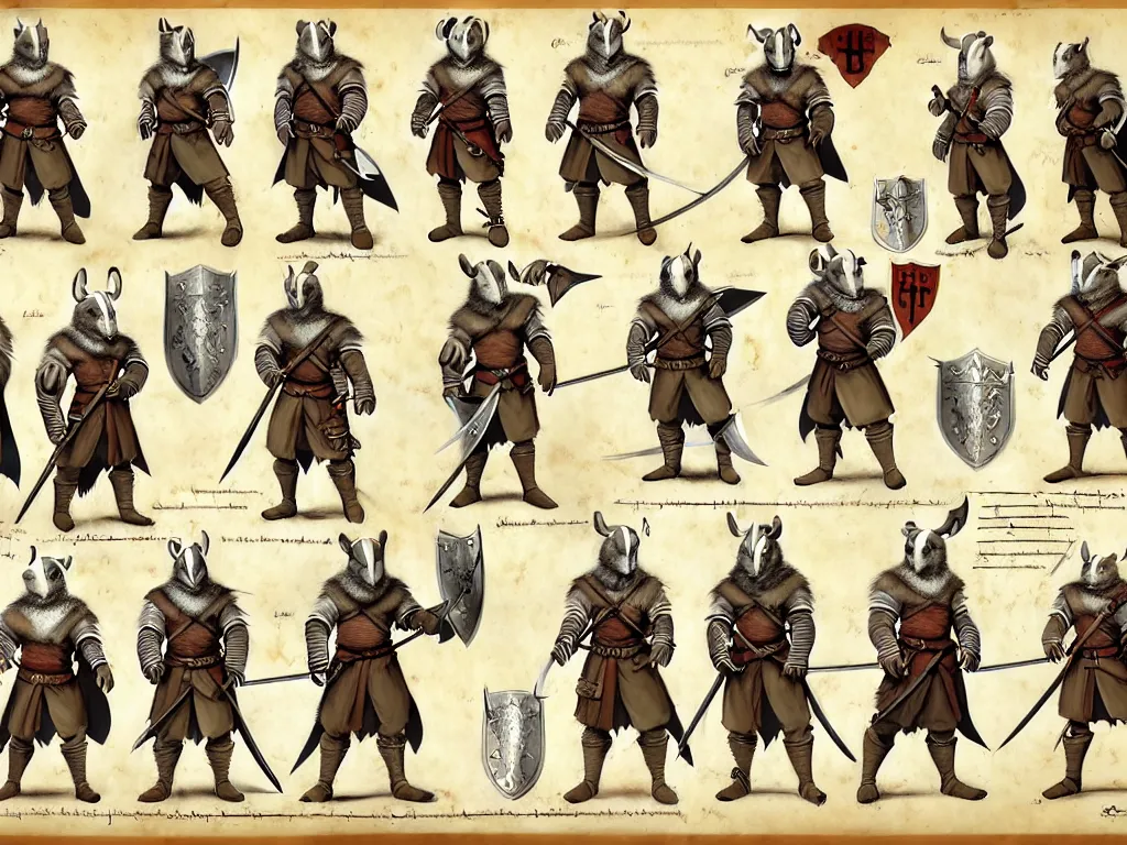 Image similar to character design sheet for a group of heroic badger knights on a parchment background, redwall, greg rutowski and jean baptiste monge, very very detailed, epic fantasy concept art