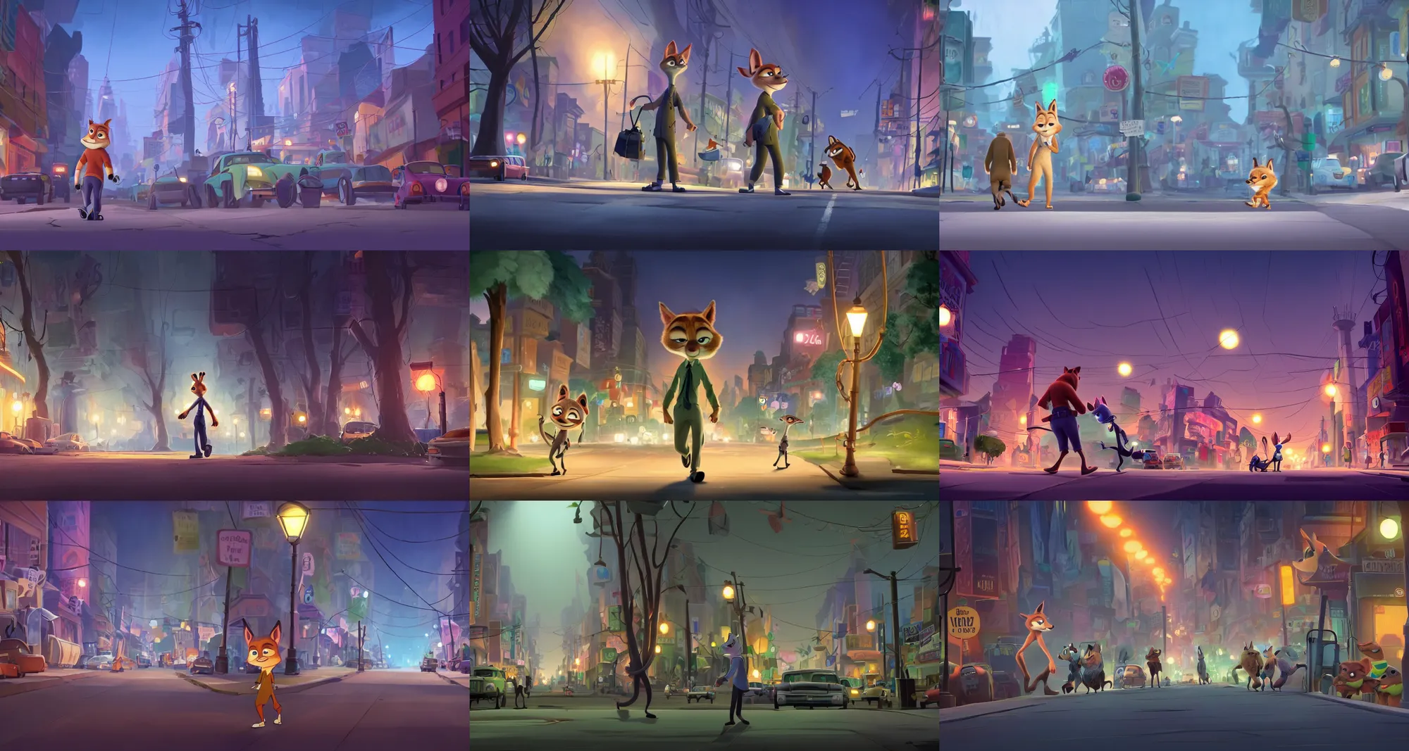 Prompt: a scene for nick walking on the dark scary street at midnight, from zootopia 2