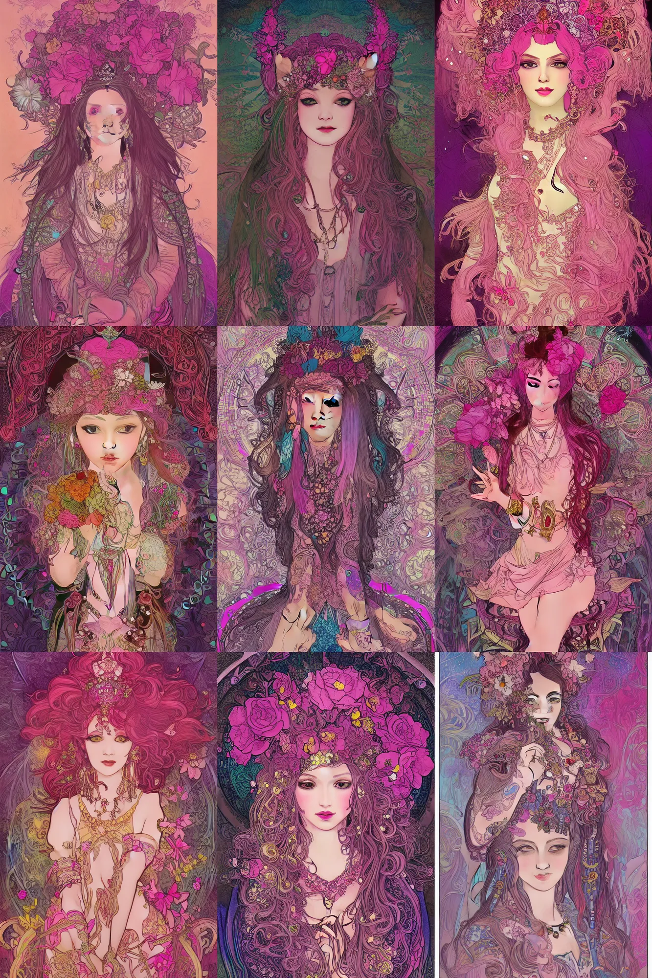 Prompt: Anthro Llama Princess, magical, flowers, bright pink highlights, detailed intricate ink illustration, dark atmosphere, detailed illustration, hd, 4k, digital art, overdetailed art, concept art, art noveau by Alfons Mucha, Trending on artstation, deviantart, watched, faved, read