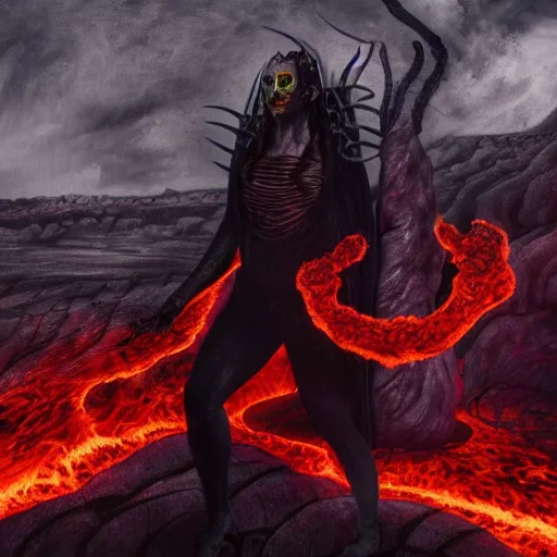 Image similar to Full body photo of asmodeus, he has eyes of fire, he is looking straight to the camera, he has a glow coming from him, she is getting illuminated by lava, behind is an ancient hellscape, the photo was taking by Annie Leibovitz, matte painting, oil painting, naturalism, 4k, 8k