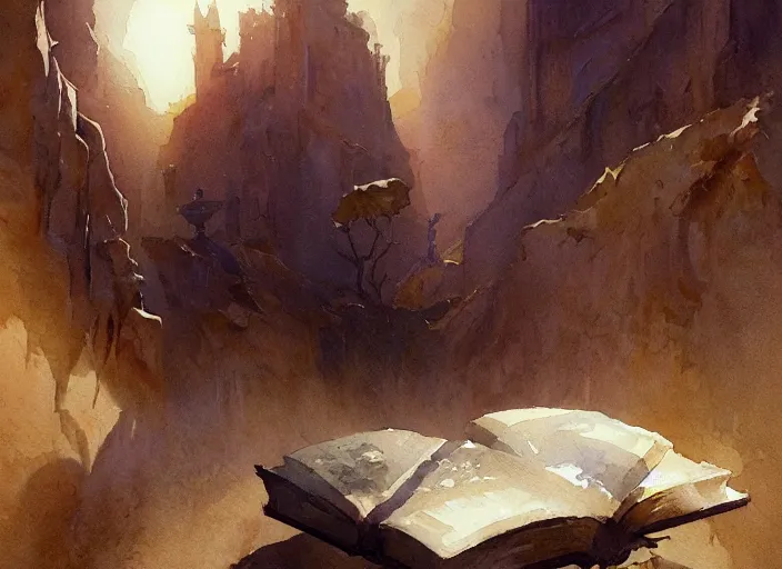 Image similar to watercolor painting of mysterious book, wonderful masterpiece by greg rutkowski, beautiful cinematic light, american romanticism by greg manchess, creation by tyler edlin