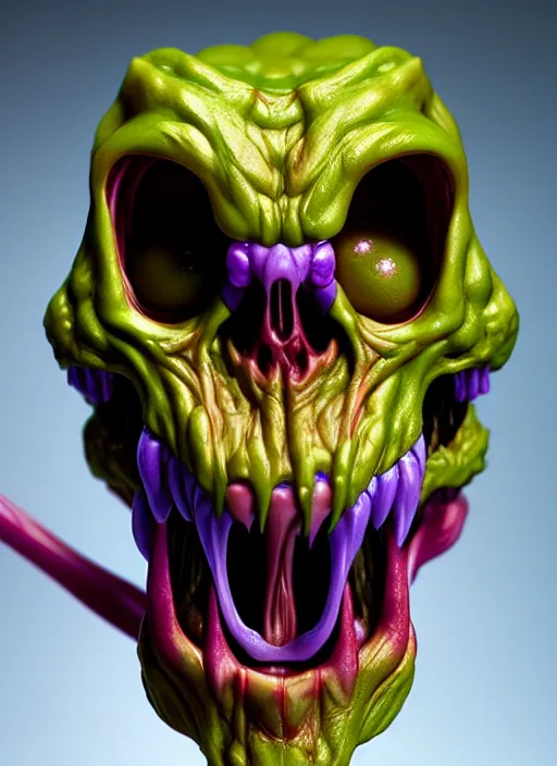 Prompt: hyperrealistic rendering, skeletor face by bernie wrightson and killian eng and joe fenton, product photography, action figure, sofubi, studio lighting, colored gels