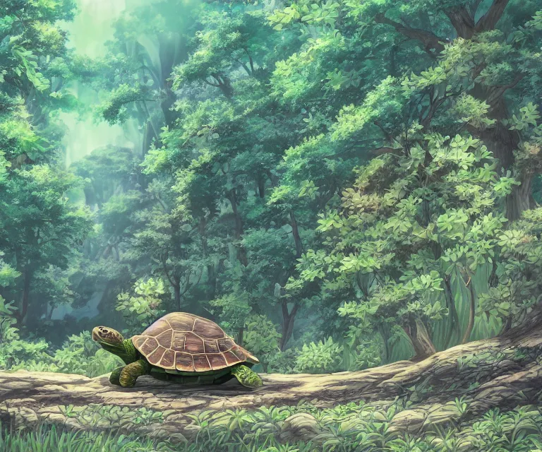 Image similar to turtle in a forest, anime fantasy illustration by tomoyuki yamasaki, kyoto studio, madhouse, ufotable, comixwave films, trending on artstation
