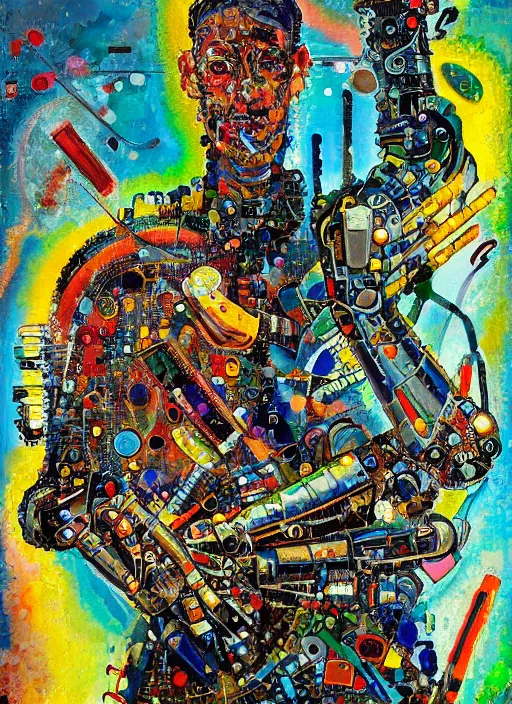 Prompt: portrait of a cyberpunk cyborg with a mechanical arm, by jackson pollock and wassily kandinsky, 4 k resolution, vivid colours, extremely detailed, dripping technique, oil paint, depth