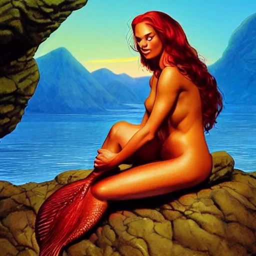 Image similar to a beautiful photo of a mermaid sits on a rock and stares at the island, sunset lighting, hyper realistic, 1 0 5 mm, style by boris vallejo, amazing