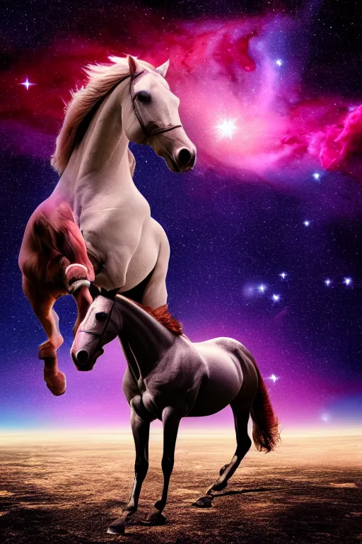 Image similar to astonaut horse, wearing space helmet, floating in space, nebulas and stars in background, space photography, ultrarealistic, sharp focus, intricate, ultra high definition, ultra resolution details, no duplicate, proportional, shadow effect, baroque environment