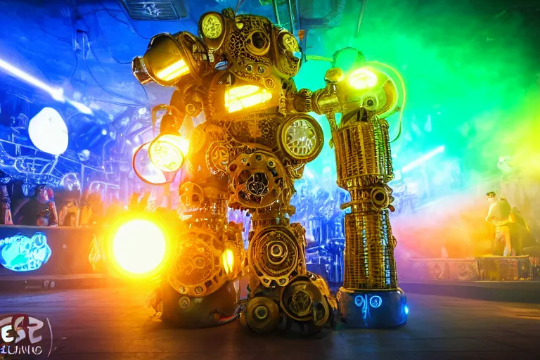 Prompt: scene is fiesta espuma in amnesia ibiza, portrait photo of a giant huge golden and blue metal steampunk robot, with gears and tubes, eyes are glowing red lightbulbs, shiny crisp finish, 3 d render, 8 k, insaneley detailed, fluorescent colors, haluzinogetic, background is multicolored lasershow