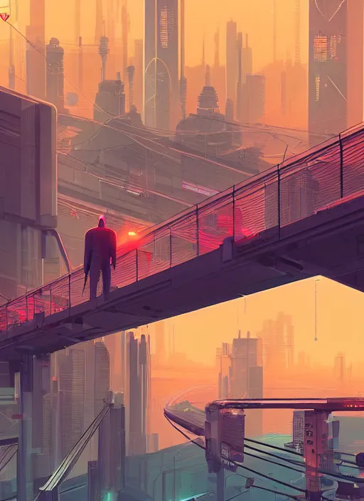 Image similar to a man standing on top of a bridge over a city, cyberpunk art by james gilleard, cgsociety, retrofuturism, synthwave, cityscape, 2 d game art