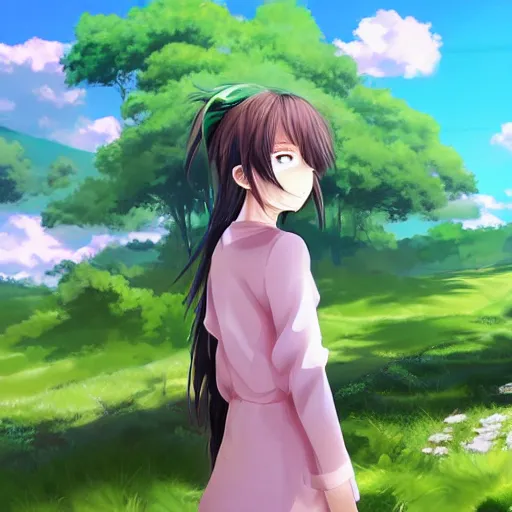 Prompt: anime girl in beautiful green valley and blue sky, digital art