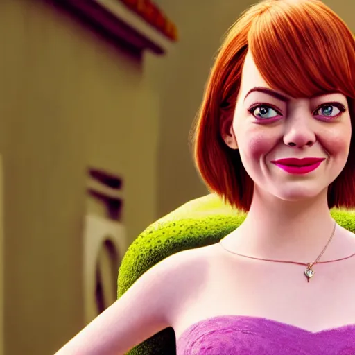 Image similar to Emma Stone as a female wife Shrek, Shrek face features, fully detailed, high quality , 4k , octane render , soft lightening , masterpiece