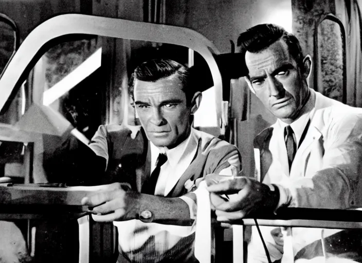 Prompt: scene from the 1 9 6 2 james bond film dr no