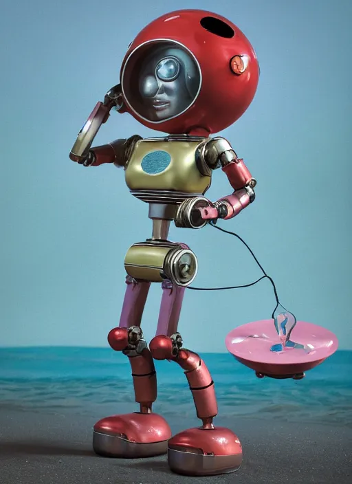 Image similar to portrait of a retro 1 9 5 0 s tin toy robot spacegirl wearing a bikini, depth of field, zeiss lens, detailed, symmetrical, centered, fashion photoshoot, by nicoletta ceccoli, mark ryden, lostfish, breathtaking, 8 k resolution, extremely detailed, beautiful, establishing shot, artistic, hyperrealistic, octane render