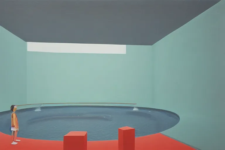 Prompt: david hockney minimalist James Turrell exhibition painting of bizarre hipster architecture