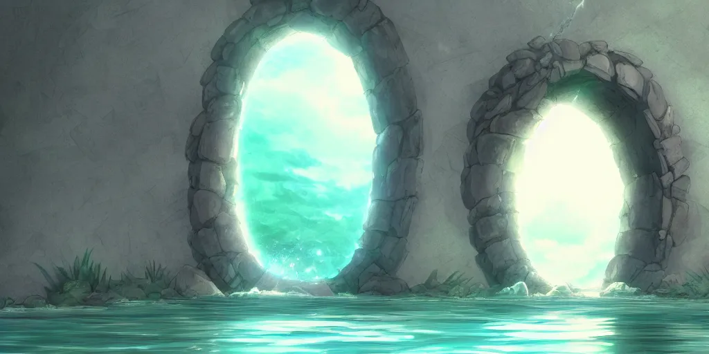 Image similar to a cell - shaded studio ghibli concept art study of a dimensional portal doorway. water is flowing out of the portal. very dull colors, hd, 4 k, hq