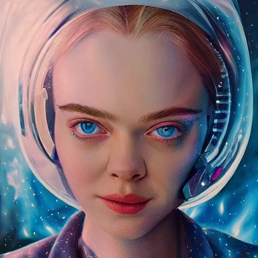 Image similar to a striking hyper real painting of Elle Fanning in space by Sascha Schneider