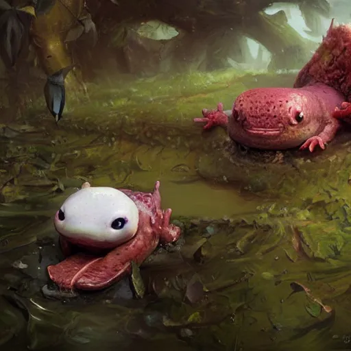 Image similar to Cute marshmallow axolotl crawling from a cacao swamp, salamander, candy world, oil painting, by Greg Rutkowski