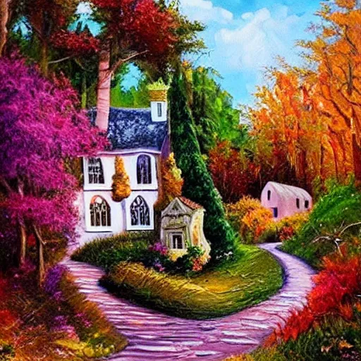 Image similar to fairytale house, amazing colors, path leading to the house, oil painting, trending,