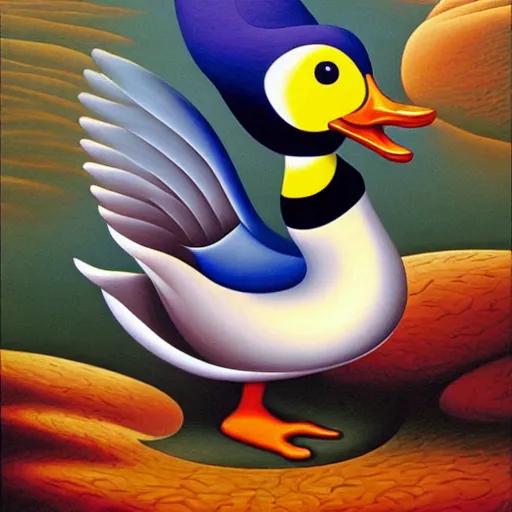 Prompt: a duck on the prowl oil painting octavio ocampo