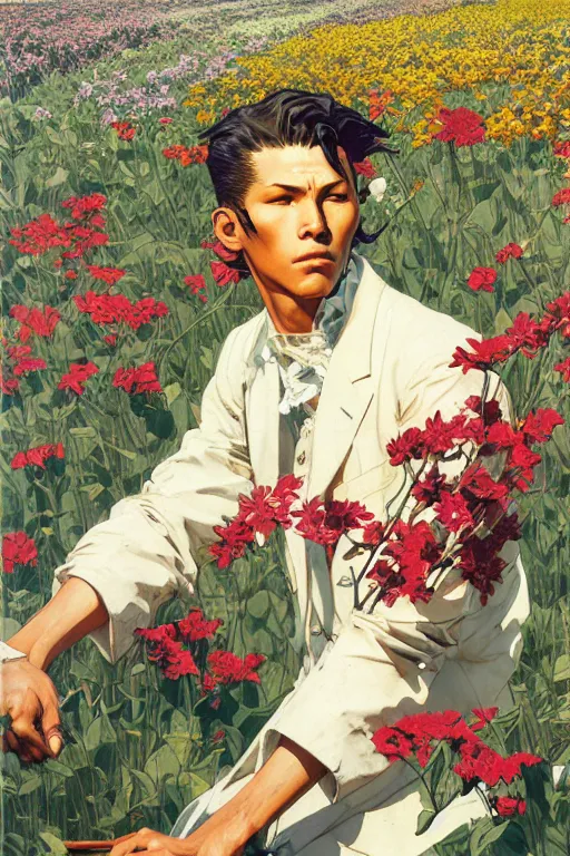 Image similar to attractive young thug in flower field, painting by j. c. leyendecker, yoji shinkawa, katayama bokuyo