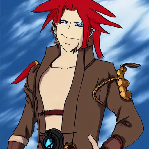 Image similar to male sky-pirate with long red hair in front of a steampunk airship, full metal alchemist, anime style