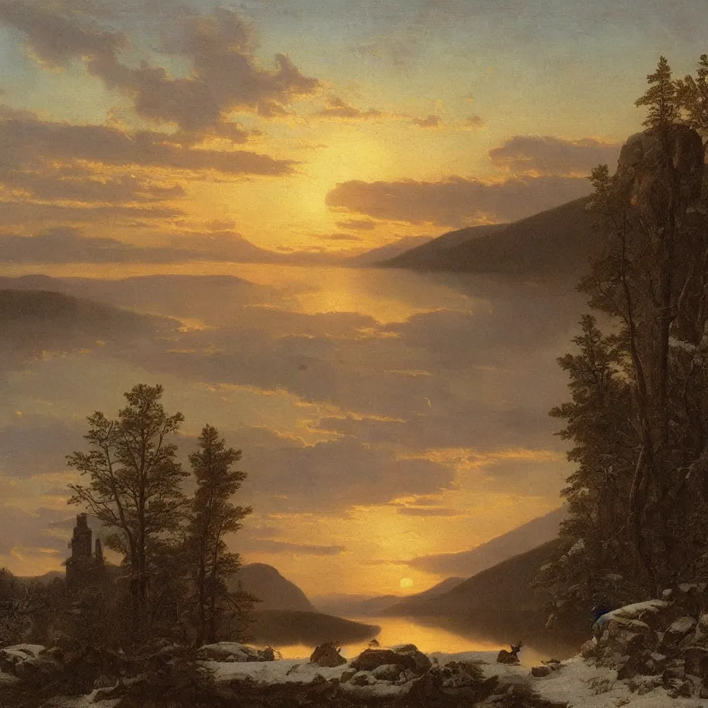 Prompt: a great lost painting of the Hudson river school depicting a winter mountain landscape, there are the ruins a castle in the distance, three moons float in the sky, elk can be seen crossing a lake in the distance, the sun is setting casting a beautiful sunset on the high puffy clouds