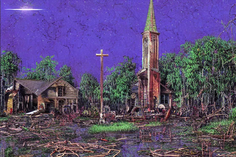 Image similar to scene fromlouisiana swamps, old protestant church with neon cross, junkyard by the road, boy scout troop, voodoo, artwork by jean giraud