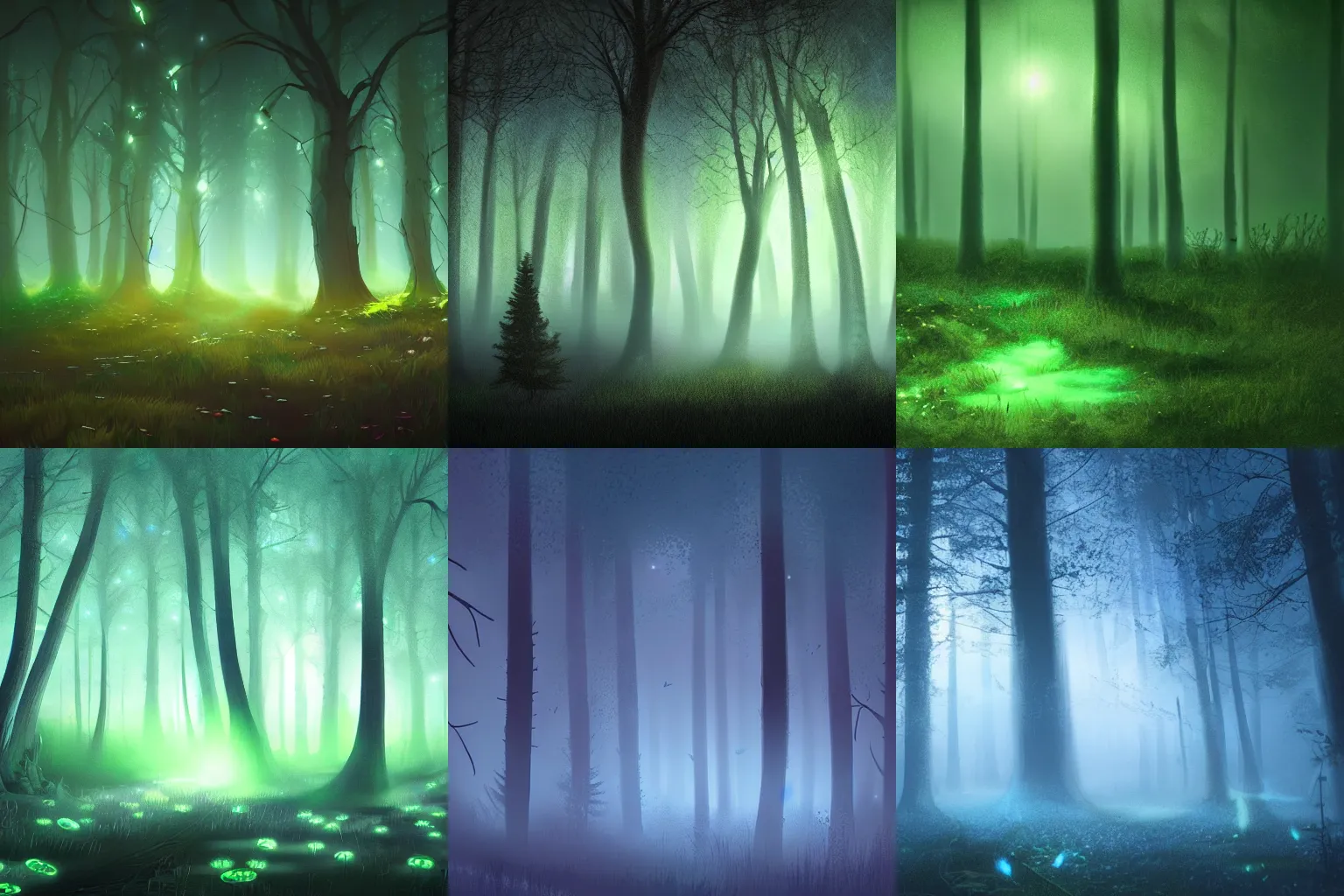 Prompt: bioluminescent forest floor, fog, magical, night, artstation