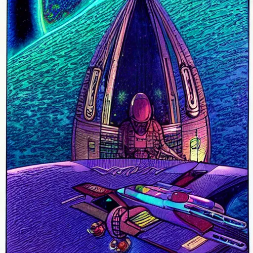 Prompt: an illustration of a spaceship. moebius. psychadelic lsd sci fi art.