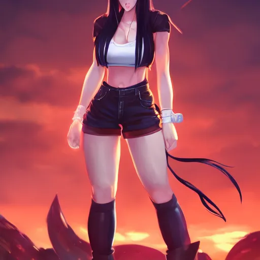 Prompt: full body shot of tifa lockhart by WLOP, rossdraws, Logan Cure, Mingchen Shen, BangkuART, sakimichan, yan gisuka, JeonSeok Lee, zeronis, Chengwei Pan on artstation