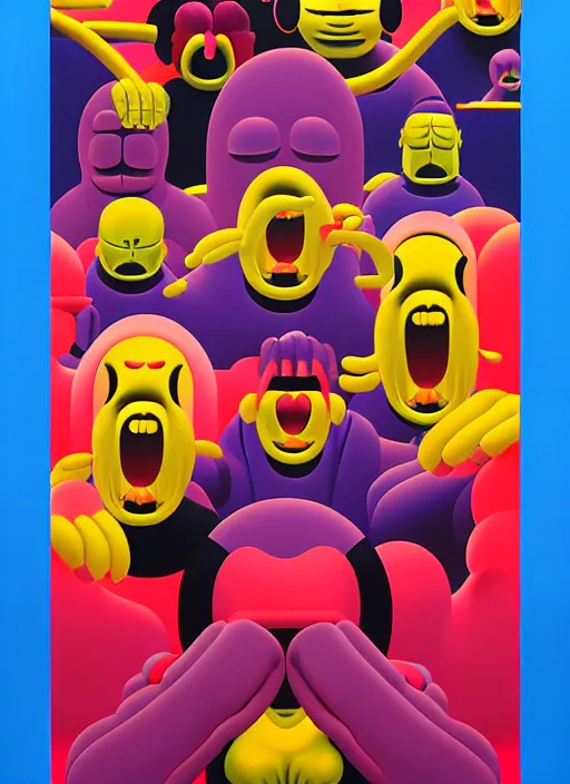 Image similar to men screaming by shusei nagaoka, kaws, david rudnick, airbrush on canvas, pastell colours, cell shaded!!!, 8 k