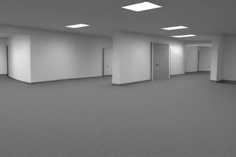 Image similar to vhs video effect | 3 d render of jerma 9 8 5, jerma walking around in the backrooms, jerma walking in endless halls of completely empty office space with worn light mono - yellow 7 0 s wallpaper, old moist carpet, and inconsistently - placed fluorescent lighting | liminal space | non - euclidean space | high octane | blender