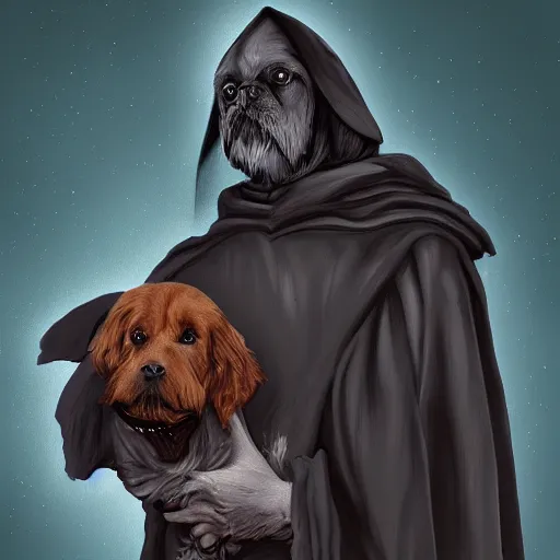 Image similar to the dark Lord petting his dog, Digital art,