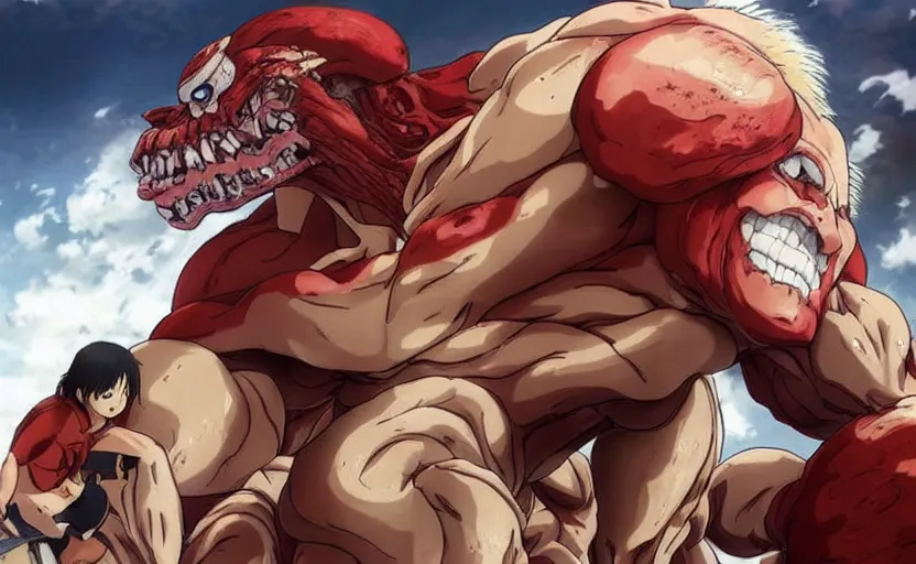 Prompt: Danny DeVito as the Colossal Titan in Attack on Titan anime,