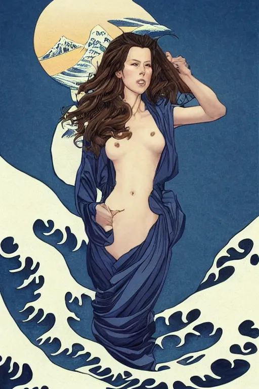 Image similar to kate beckinsdale as a heroine with a dress inspired by the great wave off kanagawa by Hokusai, digital painting, artstation, concept art, smooth, sharp focus, illustration, art by artgerm and donato giancola and Joseph Christian Leyendecker, Ross Tran, WLOP