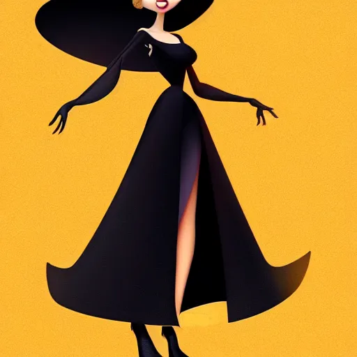 Prompt: portrait of a beautiful female witch in black and golden dress , digital painting , digital art , pixar style , Disney , cute , trending on artstation