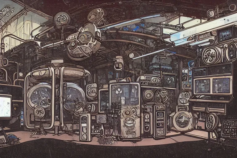 Image similar to front view on steampunk communication room with big vapor tubes and computers, mad scientist working, giant video screens, sci - fi vending machine, big plants, retrofuturism, concept art by mucha and moebius and victo ngai, clean line, diesel punk