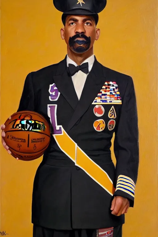 Image similar to full body portrait of the dictator of the los angeles lakers, 1 9 5 5, in full military garb, oil on canvas by william sidney mount, trending on artstation